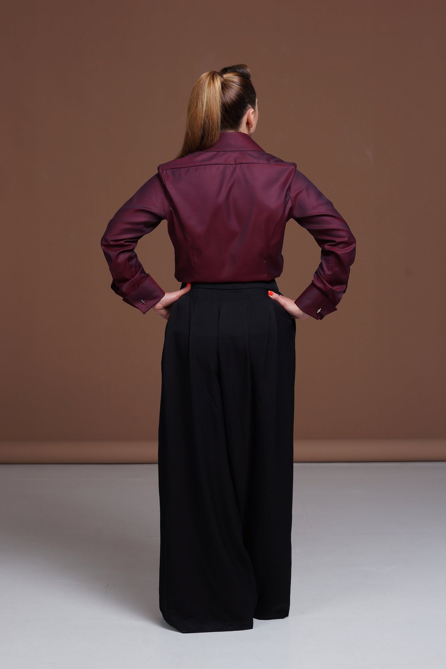 Burgundy French Cuff Blouse: Non-Iron Cotton, High Collar
