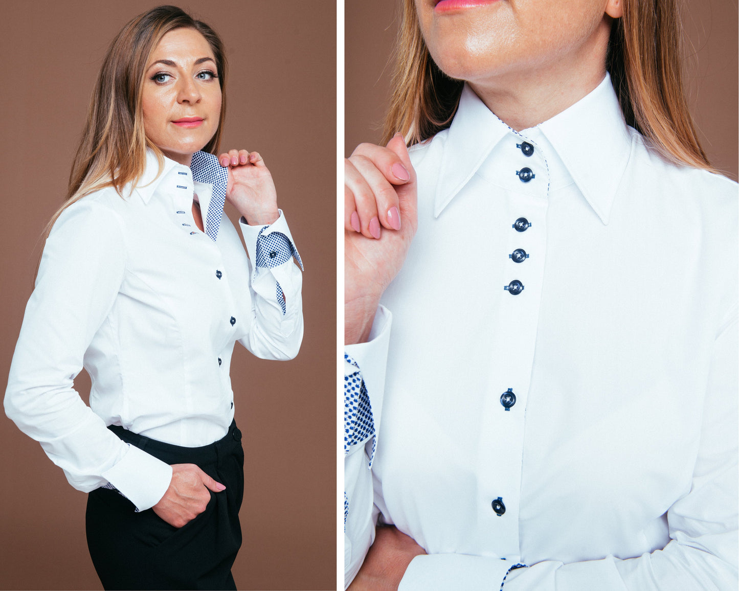 White Cotton Blouse: High Collar Button-Up Shirt with Blue Contrast
