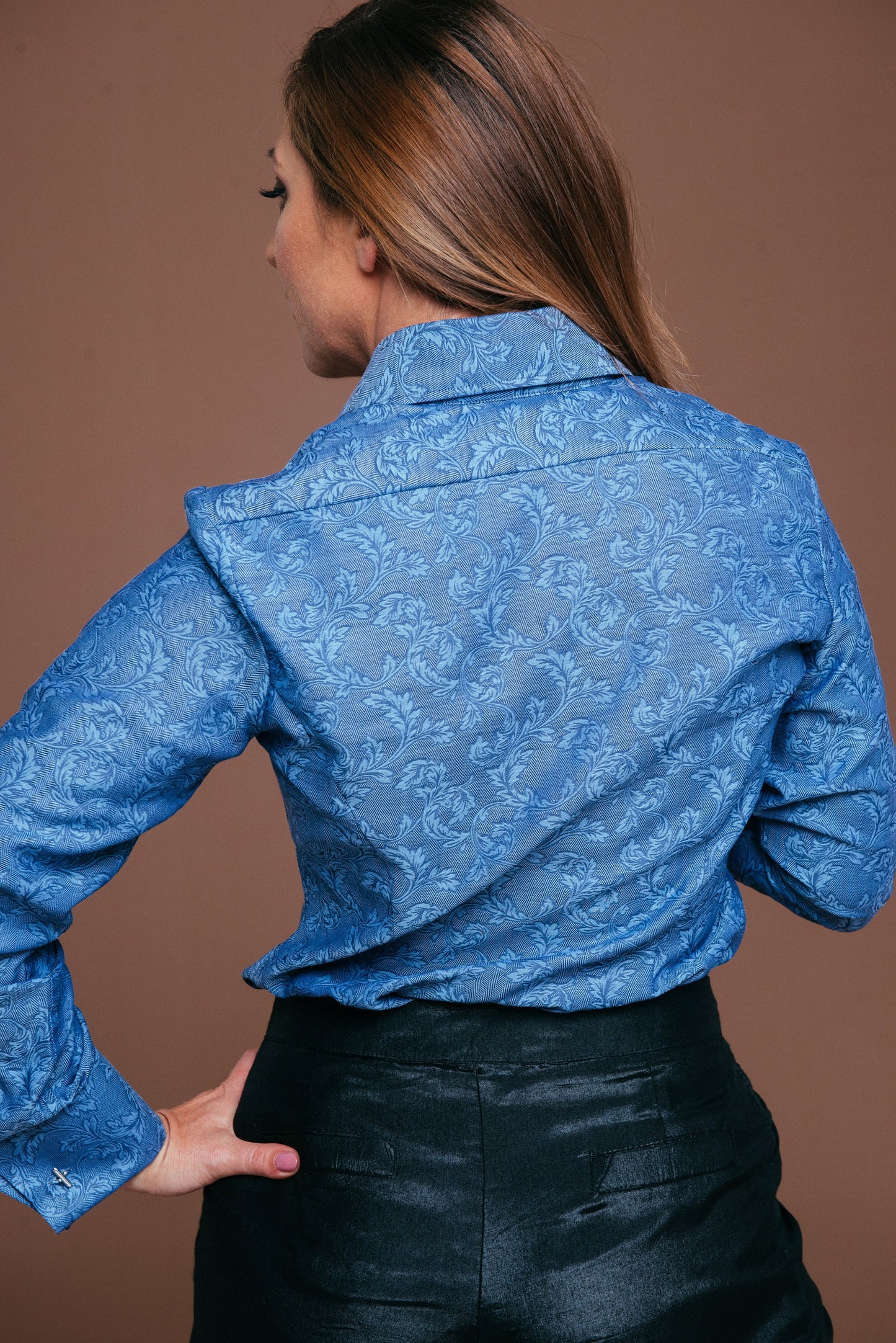 Blue Herringbone French Cuff Blouse: 100% Cotton Button-Down