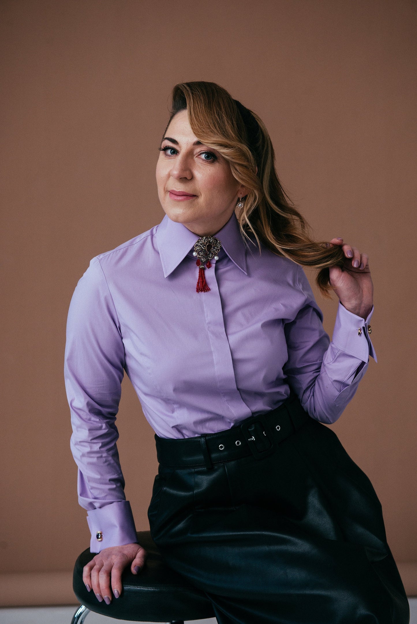Purple French Cuff Blouse: Stretch Cotton High Collar Shirt