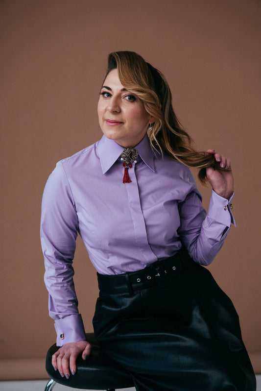 Purple French Cuff Blouse: Stretch Cotton High Collar Shirt
