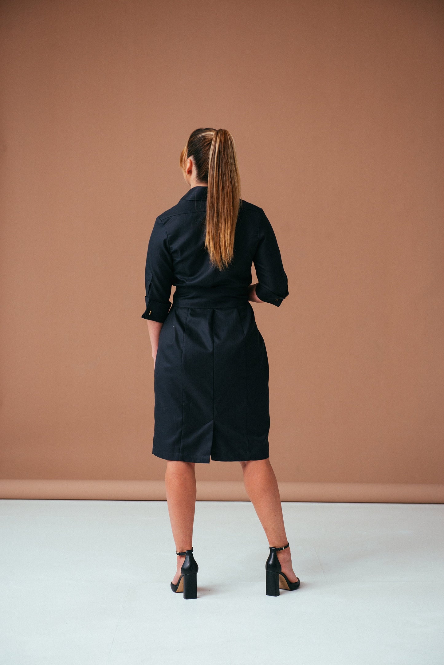 Black Cotton Midi Shirtdress: Belted Button-Down French Cuff Dress