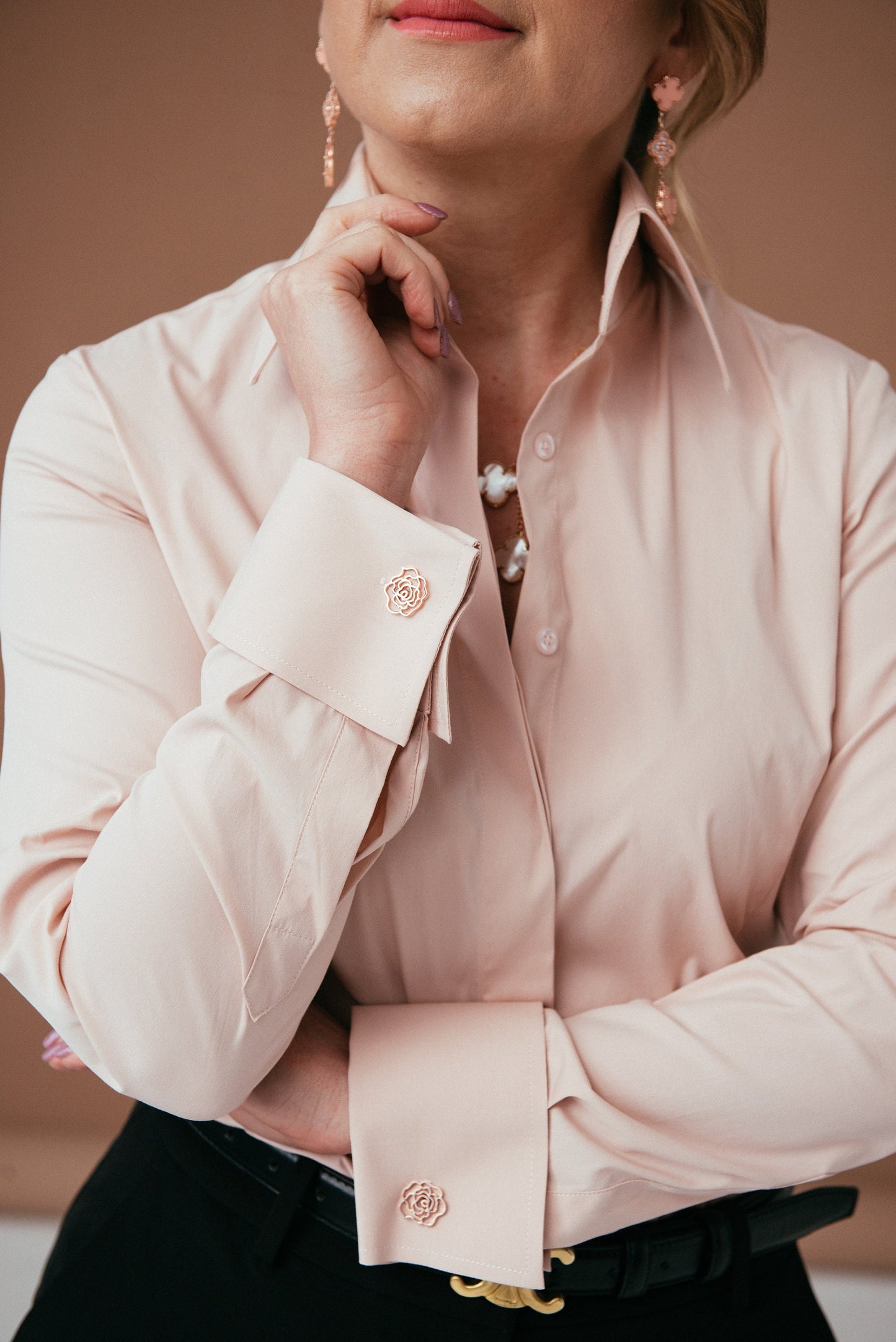 Pastel Pink Cotton French Cuff Blouse: Fitted High Collar Shirt