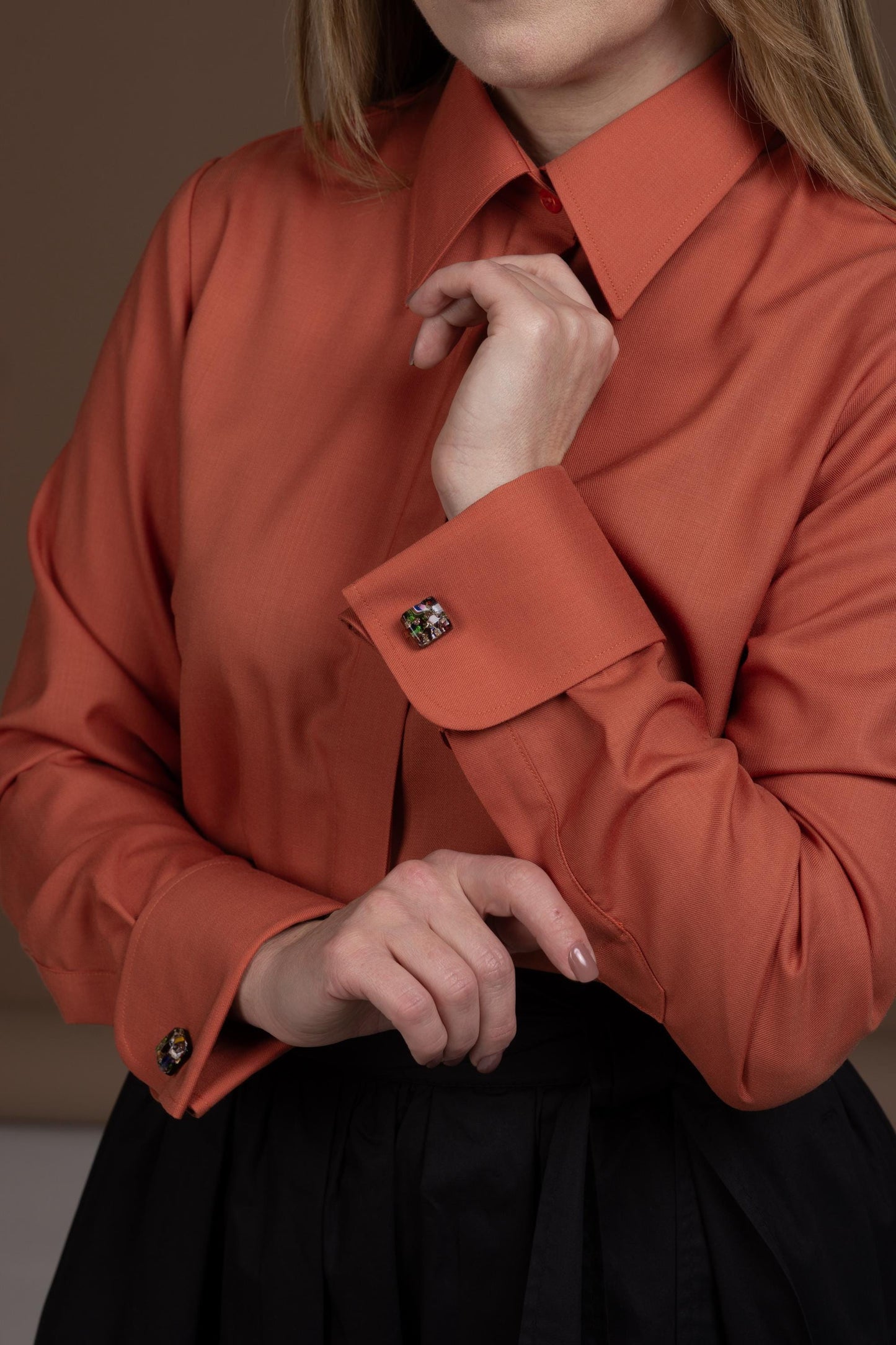 Merino Wool Shirt: Brick Orange French Cuff Button-Up Blouse