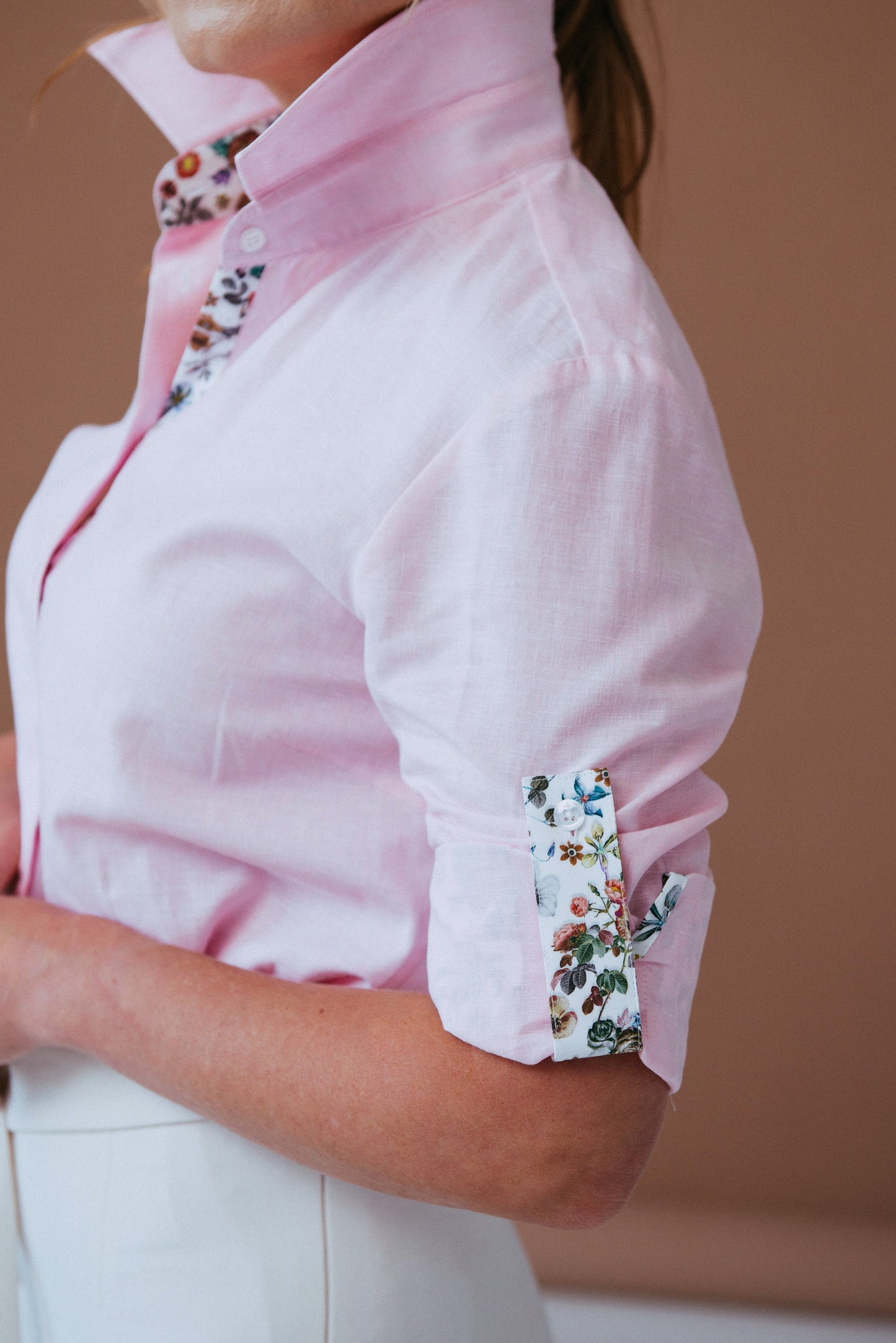 Pink Linen Cotton Button-Down Shirt: Floral Accents, Summer Style