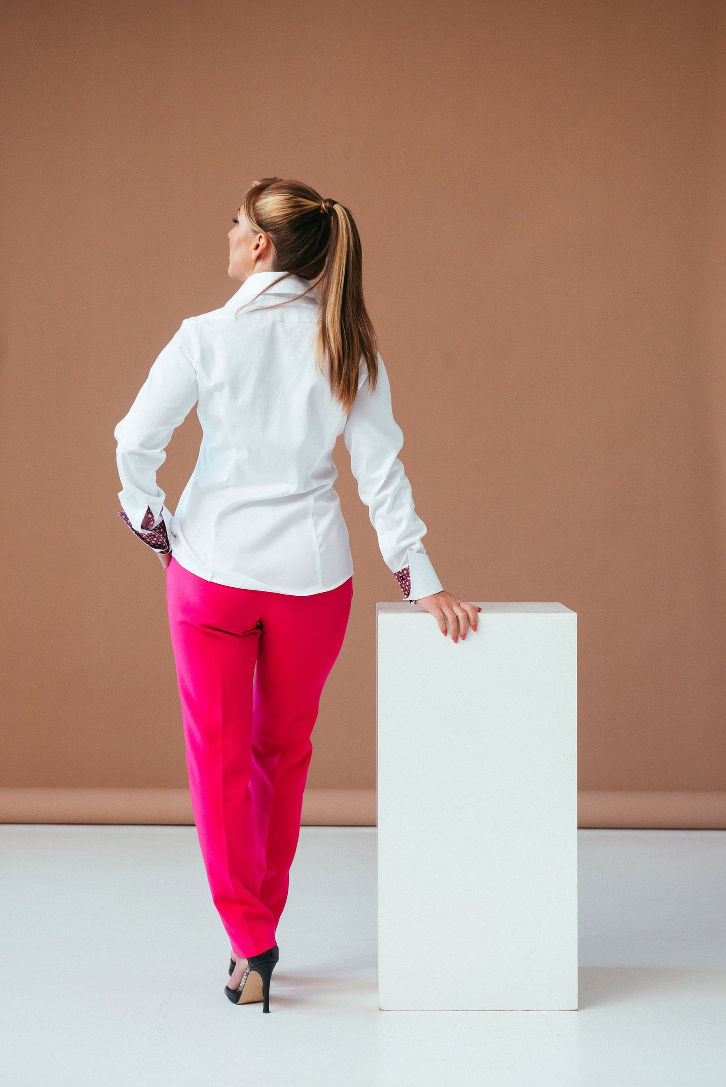 White Fitted Blouse: Stretch Cotton Button-Down with Designer Cuffs