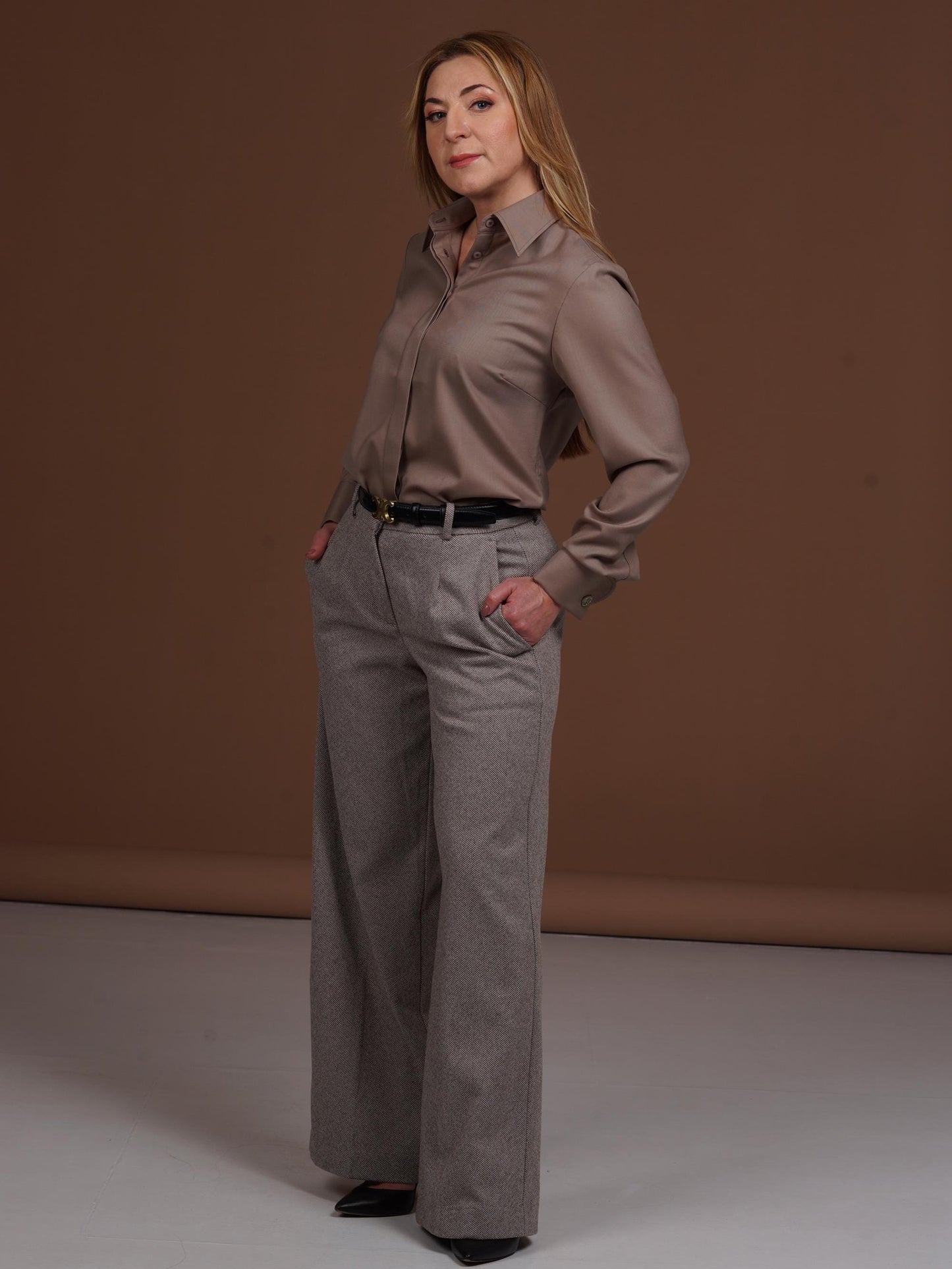 Luxury Merino Wool Shirt: Mocha Brown French Cuff Blouse