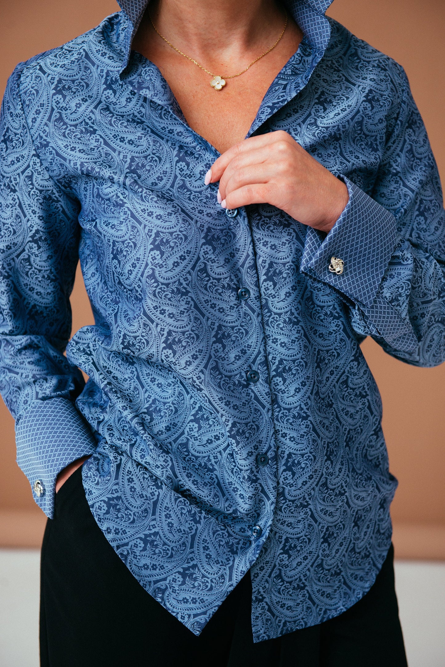 Blue Paisley Cotton French Cuff Shirt - Elegant Women's Blouse
