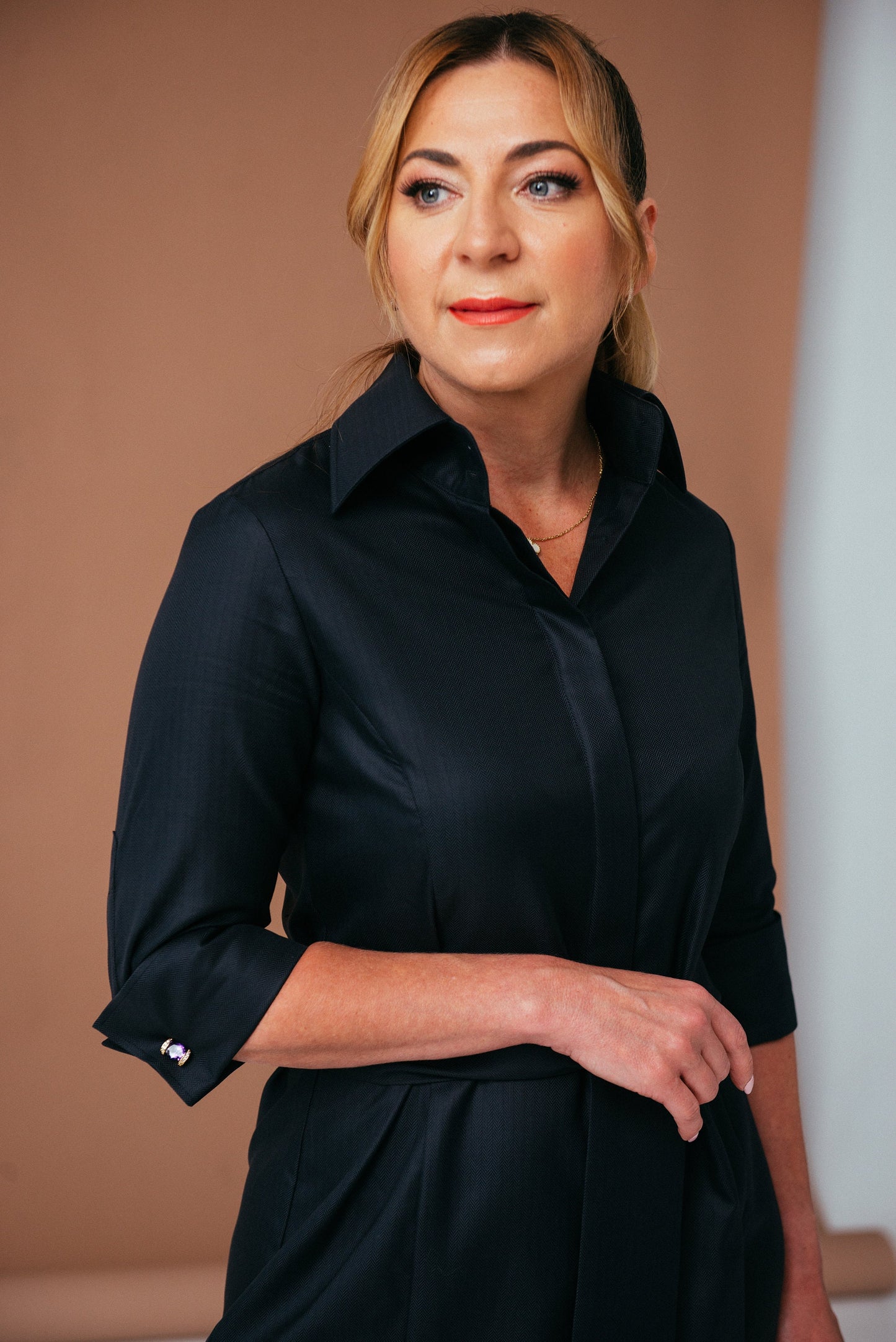 Black Cotton Midi Shirtdress: Belted Button-Down French Cuff Dress