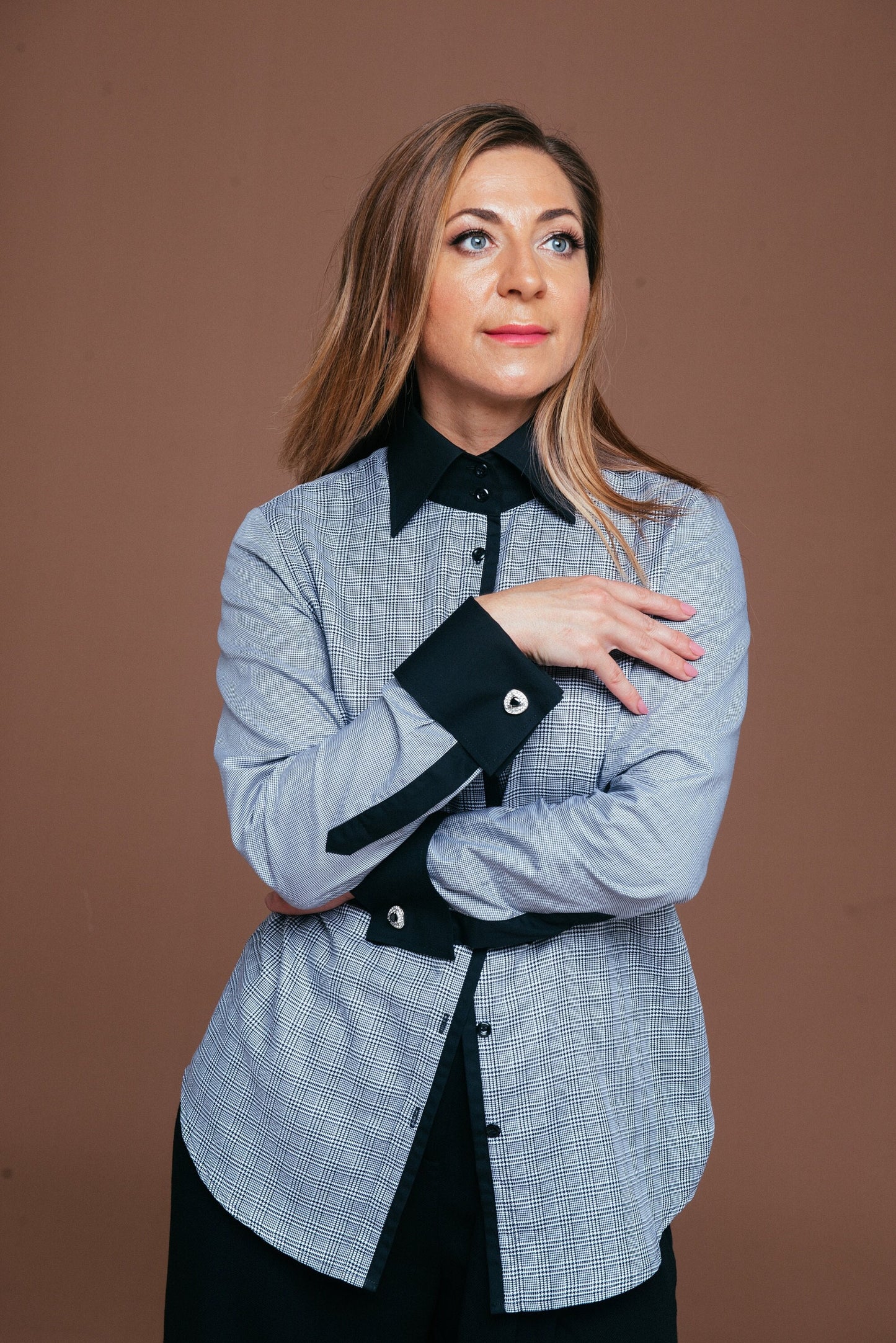Plaid French Cuff Blouse: Luxury Easy Iron 100% Cotton