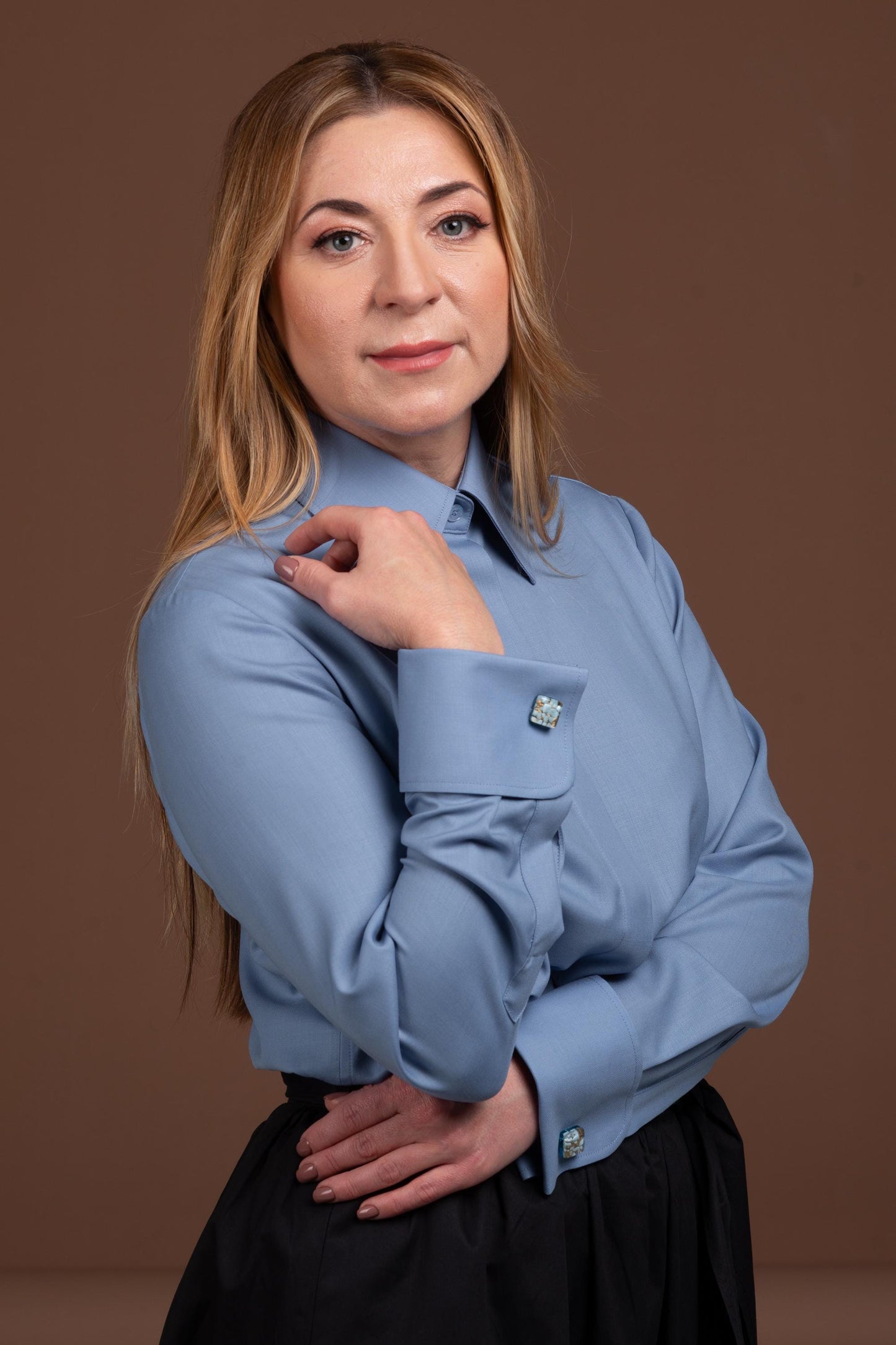 Blue Merino Wool Shirt: Women's French Cuff Button-Up Blouse
