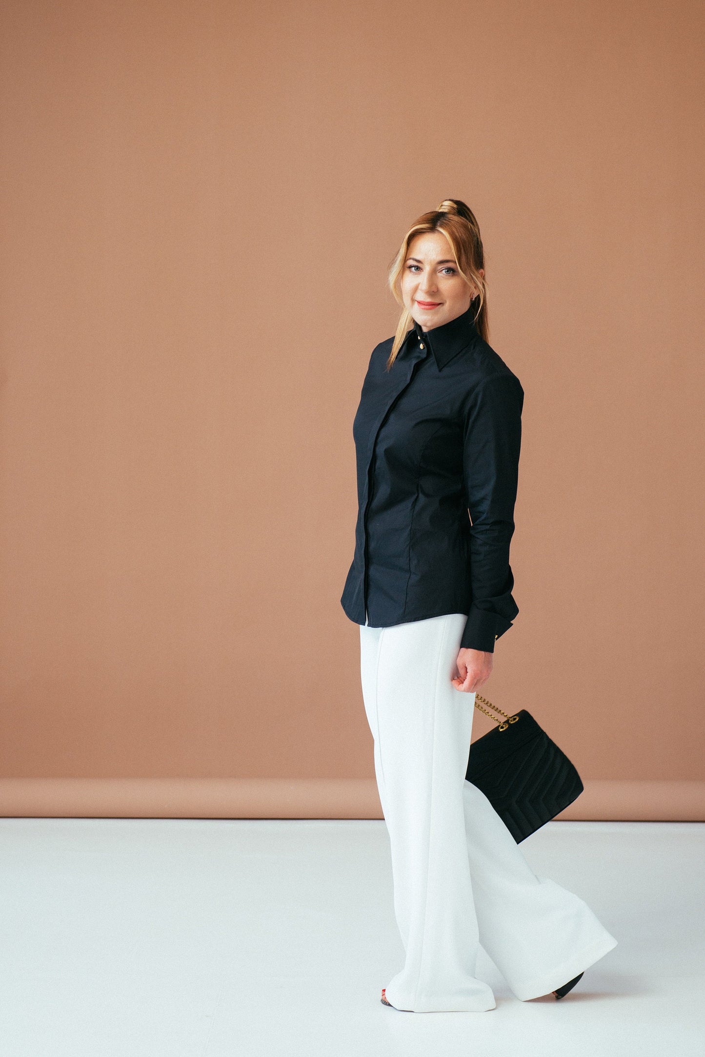 Black French Cuff Blouse: Slim Fit High Collar Cotton Shirt