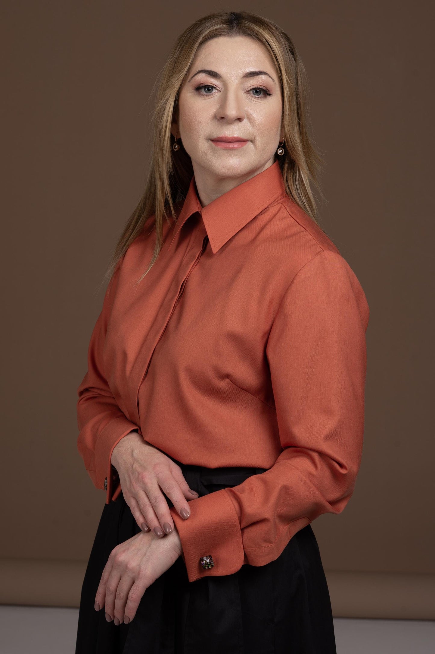 Merino Wool Shirt: Brick Orange French Cuff Button-Up Blouse