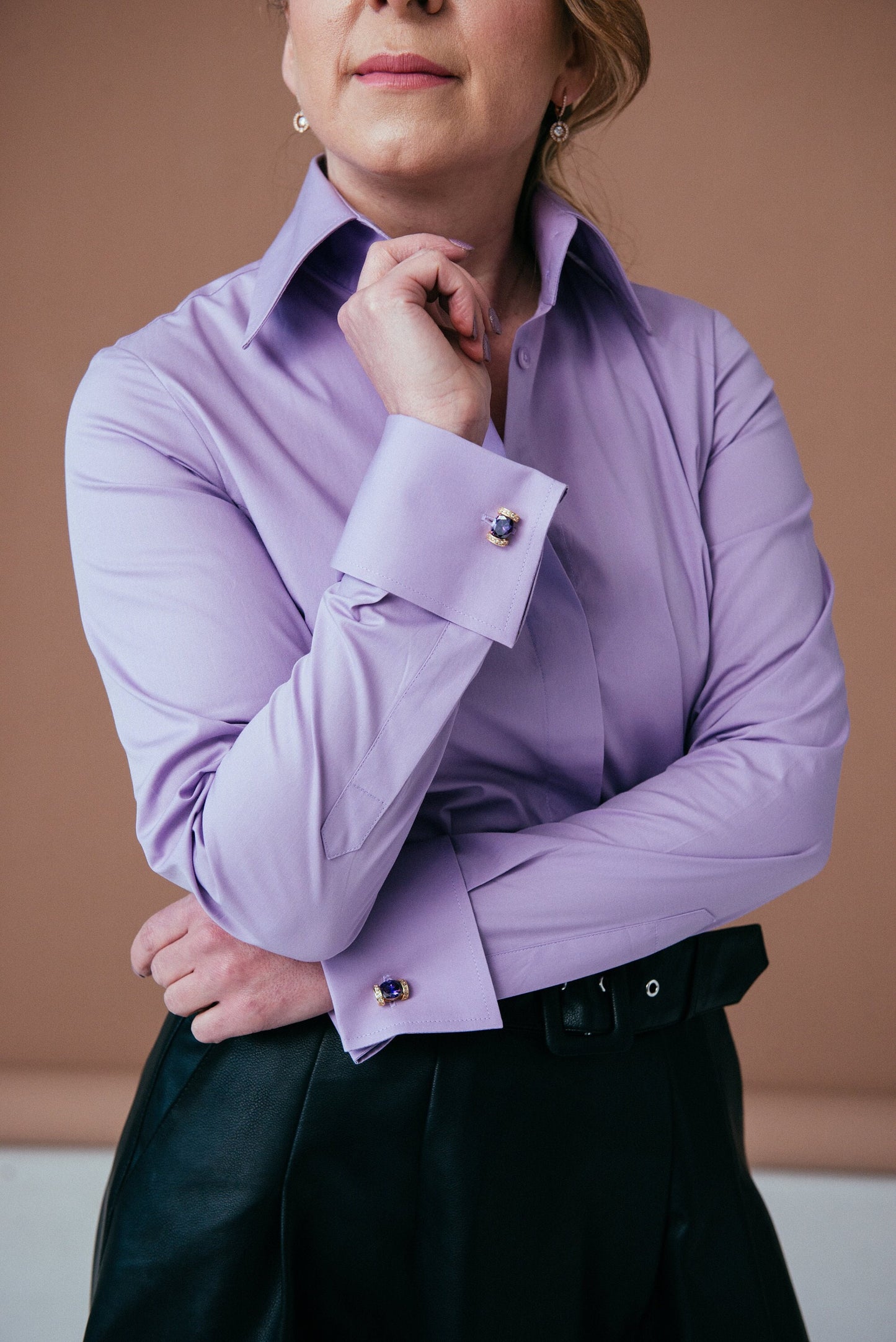 Purple French Cuff Blouse: Stretch Cotton High Collar Shirt
