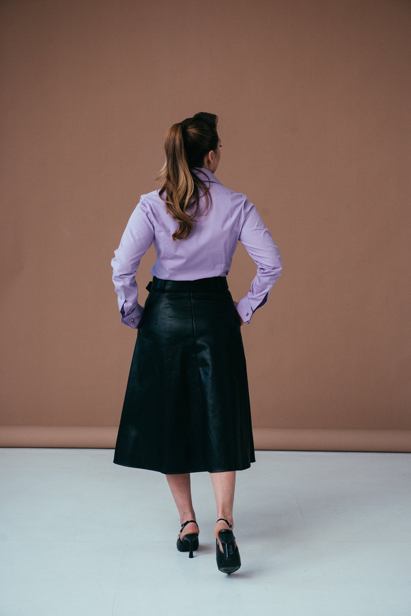 Purple French Cuff Blouse: Stretch Cotton High Collar Shirt