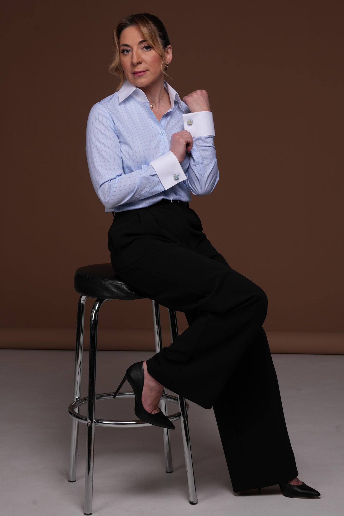 Blue Striped French Cuff Blouse for Cufflinks: High Collar Cotton Business Shirt