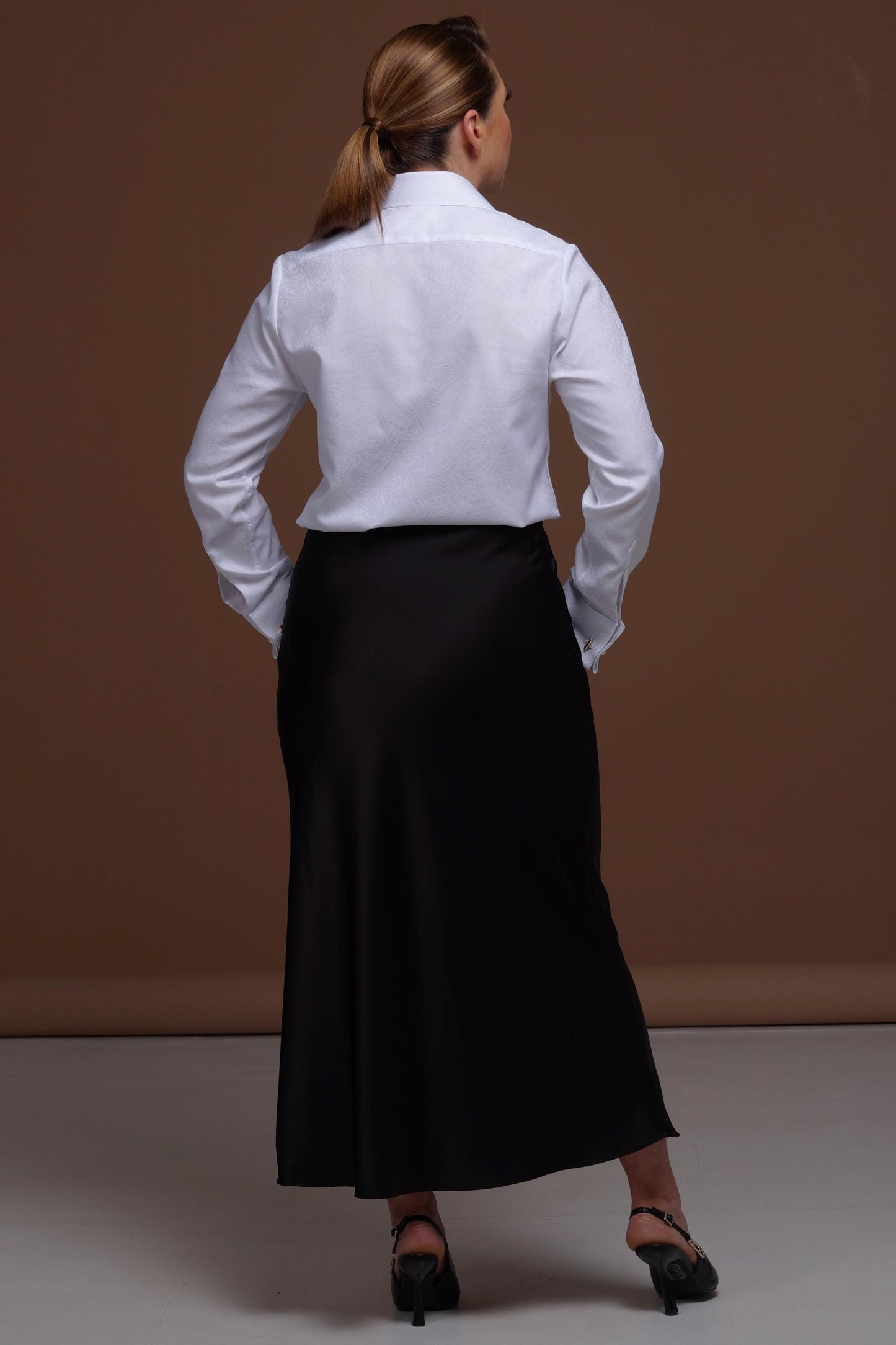 Elegant White Cotton Blouse: French Cuff Paisley Shirt