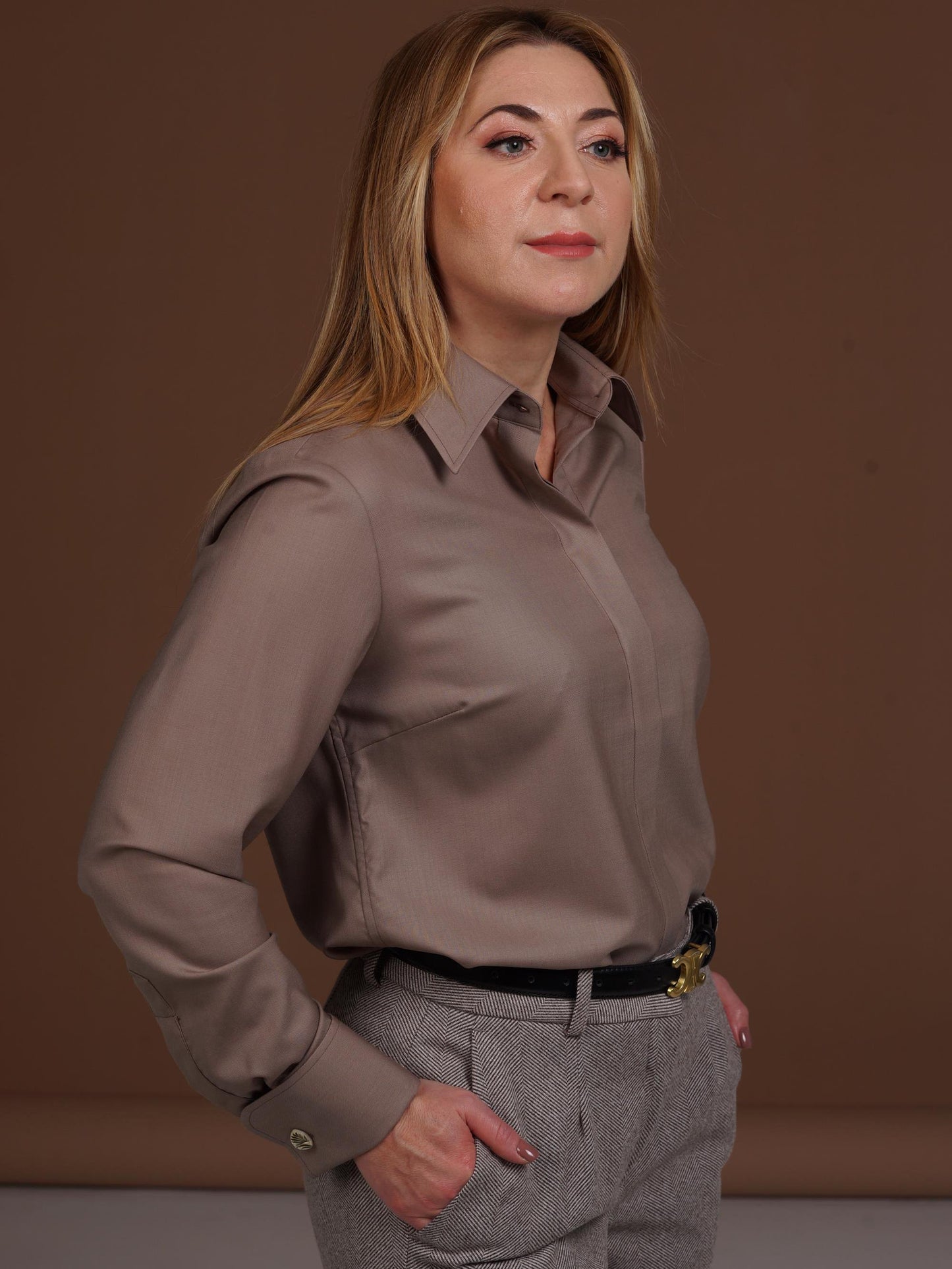 Luxury Merino Wool Shirt: Mocha Brown French Cuff Blouse