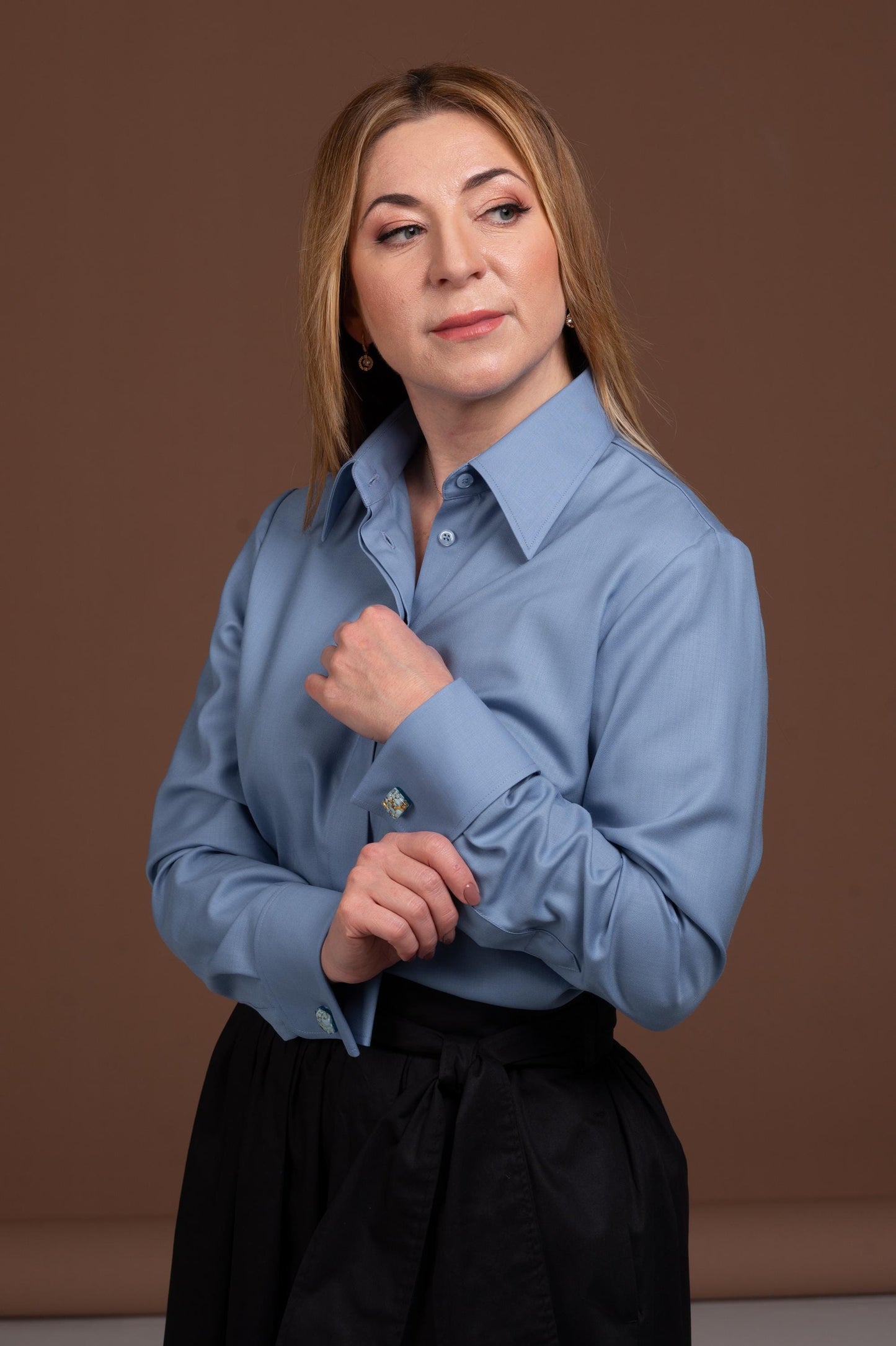 Blue Merino Wool Shirt: Women's French Cuff Button-Up Blouse