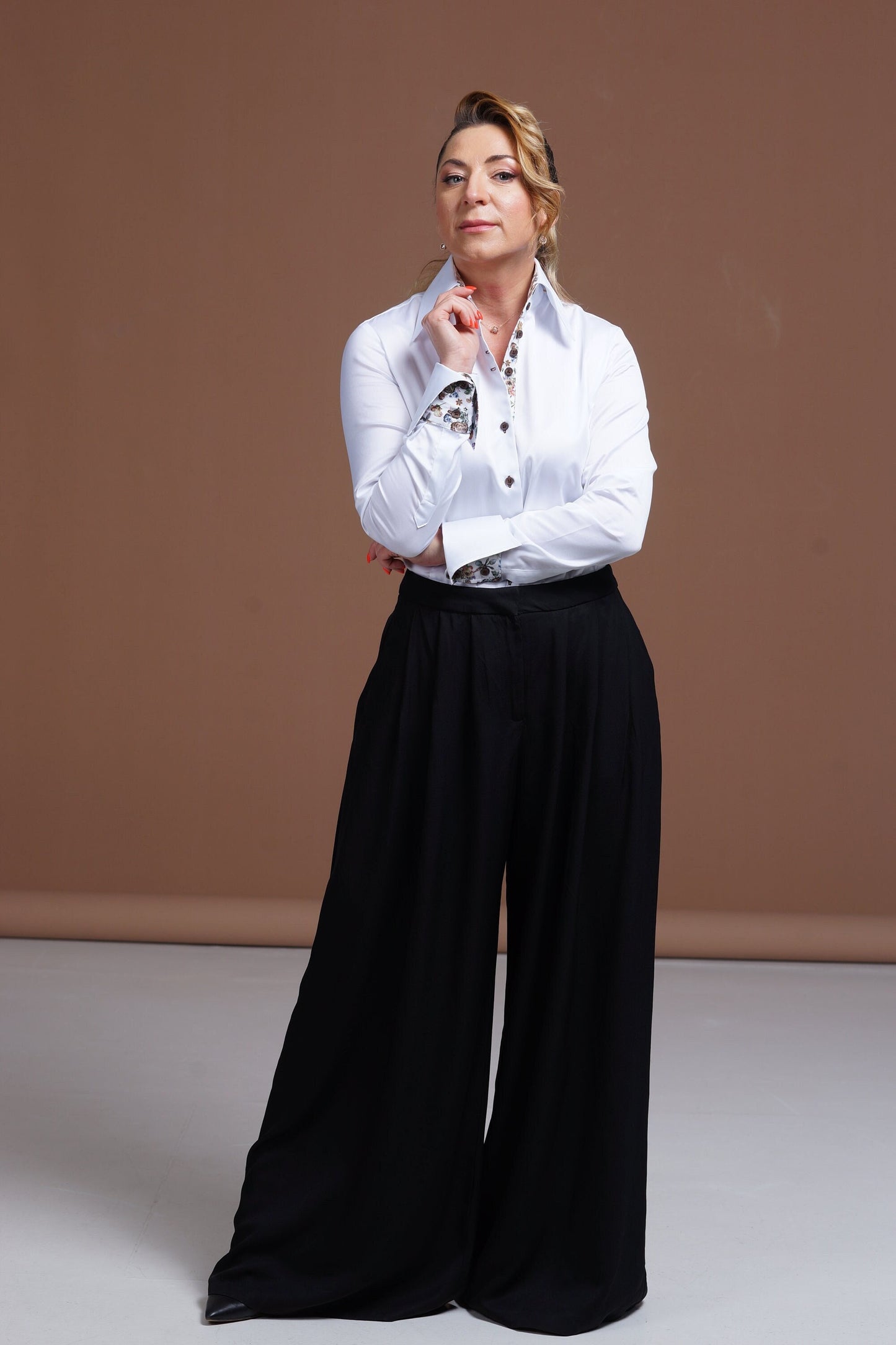 White Stretch Cotton Shirt: Women's High Neck Blouse with Floral Cuffs