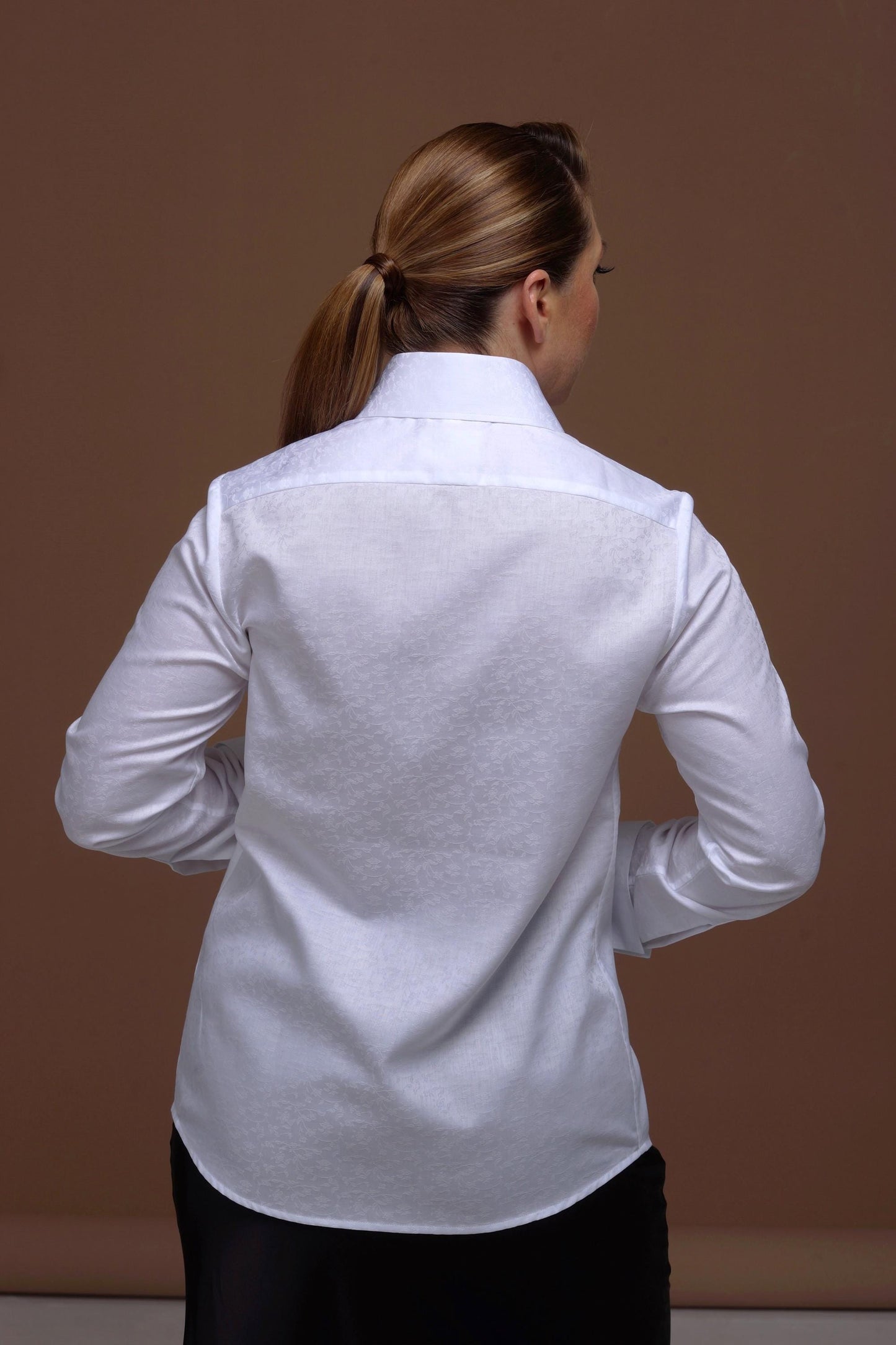 Floral Texture French Cuff Blouse: High Collar 100% Cotton Shirt for Women