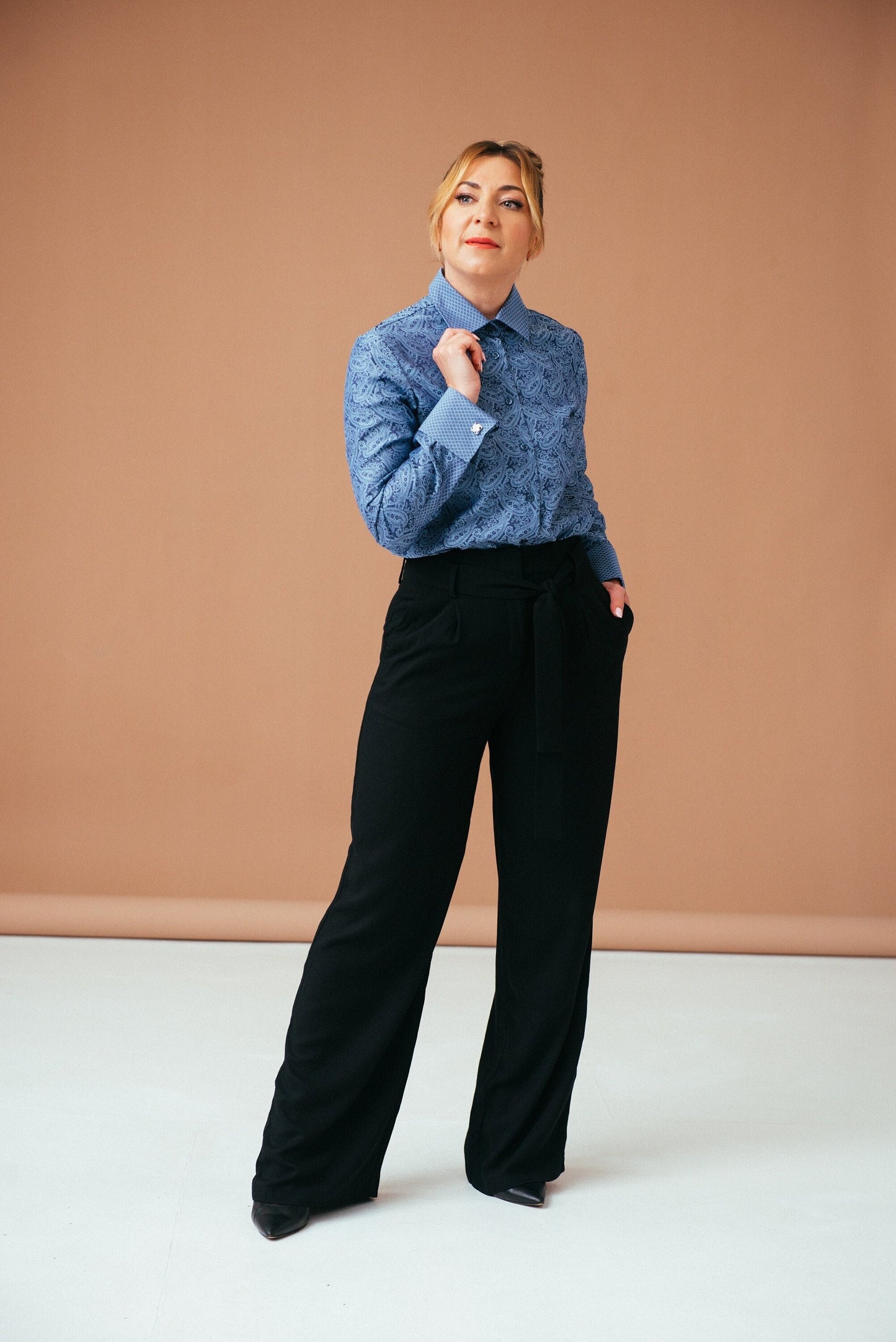 Blue Paisley Cotton French Cuff Shirt - Elegant Women's Blouse